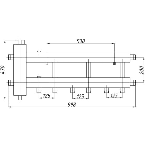 Ansamblu distribuitor + Butelie egalizare 1 1/4" - 1", iesiri jos, 3+1 cai Termax KSH32D125.200