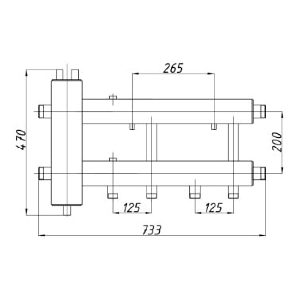 Ansamblu distribuitor + Butelie egalizare 1 1/4" - 1", iesiri jos, 2+1 cai Termax KSH22D125.200
