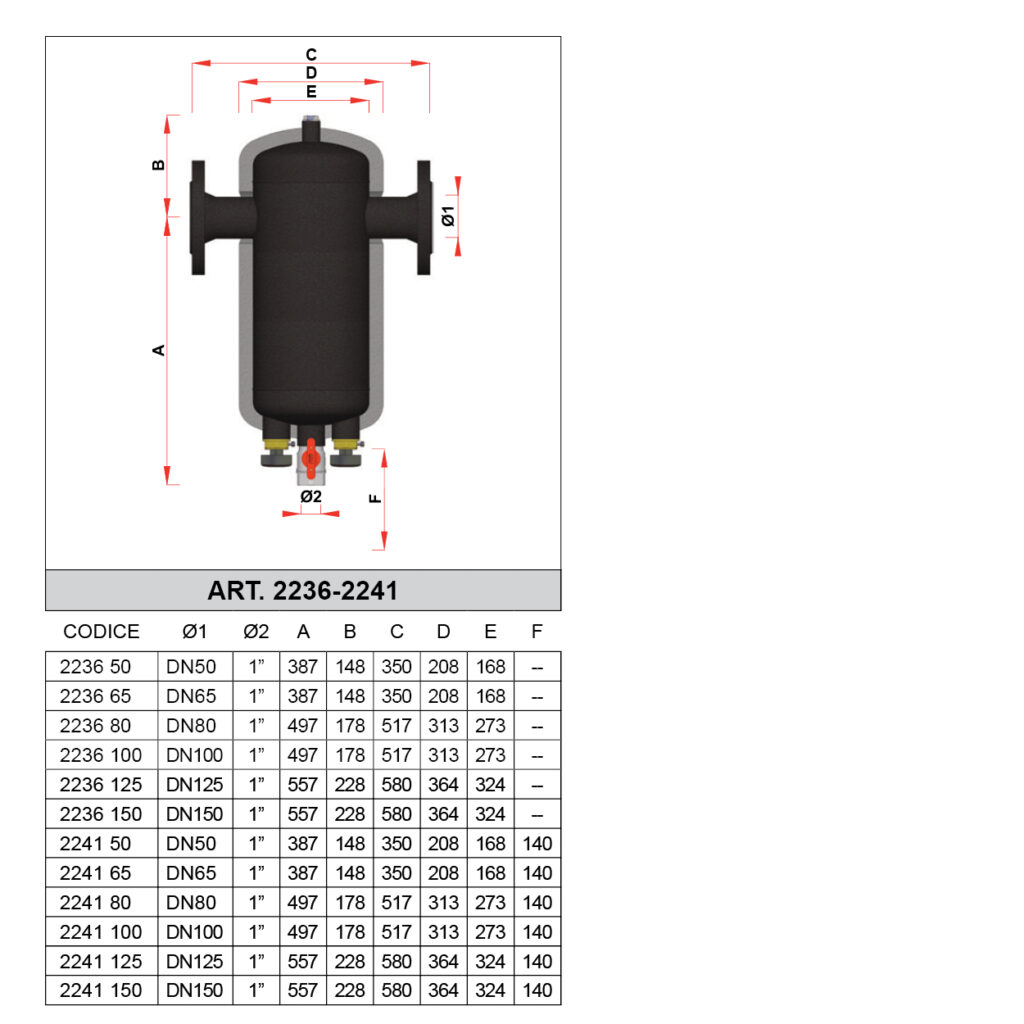 Separator de namol si magnetita pentru sisteme de încălzire/racire FAR DN80, Q=23.5 mc/h, cu racorduri cu flanșe.