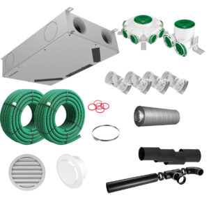 Sistem de ventilatie centralizata cu recuperare de caldura pentru 100 mp, centrala de ventilatie Dantherm, tubulatura si accesorii