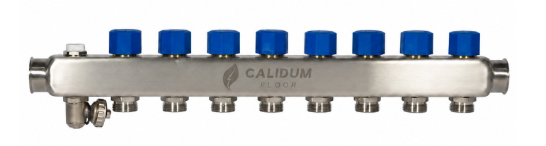 Distribuitor cu debitmetre, inox, 1” ieșiri 3/4” Eurocon – 3 căi echipat cu suporti, Calidum Floor Distribuitor cu debitmetre, inox, 1” ieșiri 3/4” Eurocon – 3 căi echipat cu suporti, Calidum Floor