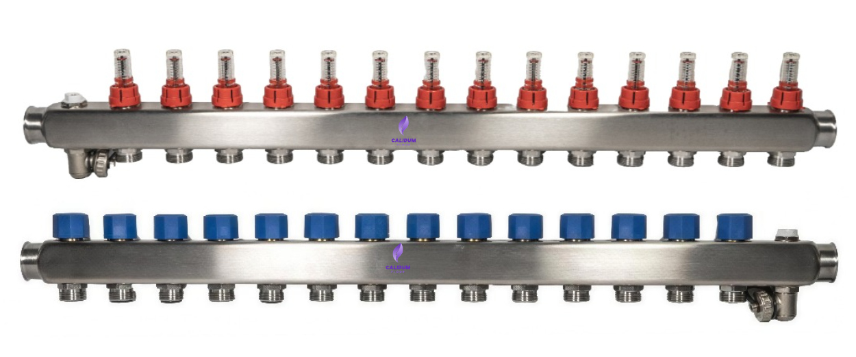 Distribuitor cu debitmetre, inox, 1” ieșiri 3/4” Eurocon – 14 căi echipat cu suporti, Calidum Floor Distribuitor cu debitmetre, inox, 1” ieșiri 3/4” Eurocon – 14 căi echipat cu suporti, Calidum Floor