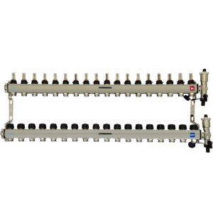 Distribuitor cu debitmetre, inox, 1” ieșiri 3/4” Eurocon – 15 căi echipat cu suporti si element capat