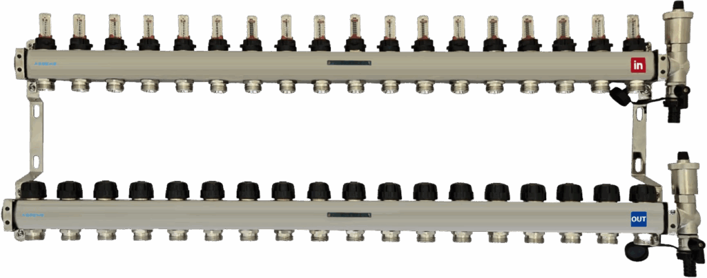 Distribuitor cu debitmetre, inox, 1” ieșiri 3/4” Eurocon – 15 căi echipat cu suporti si element capat