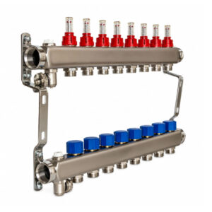 Distribuitor cu debitmetre, inox, 1” ieșiri 3/4” Eurocon – 3 căi echipat cu suporti, Calidum Floor