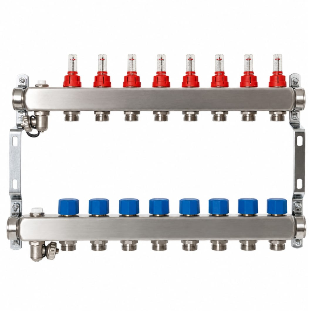 Distribuitor debitmetre Calidum Floor2 Distribuitor cu debitmetre, inox, 1” ieșiri 3/4” Eurocon – 3 căi echipat cu suporti, Calidum Floor