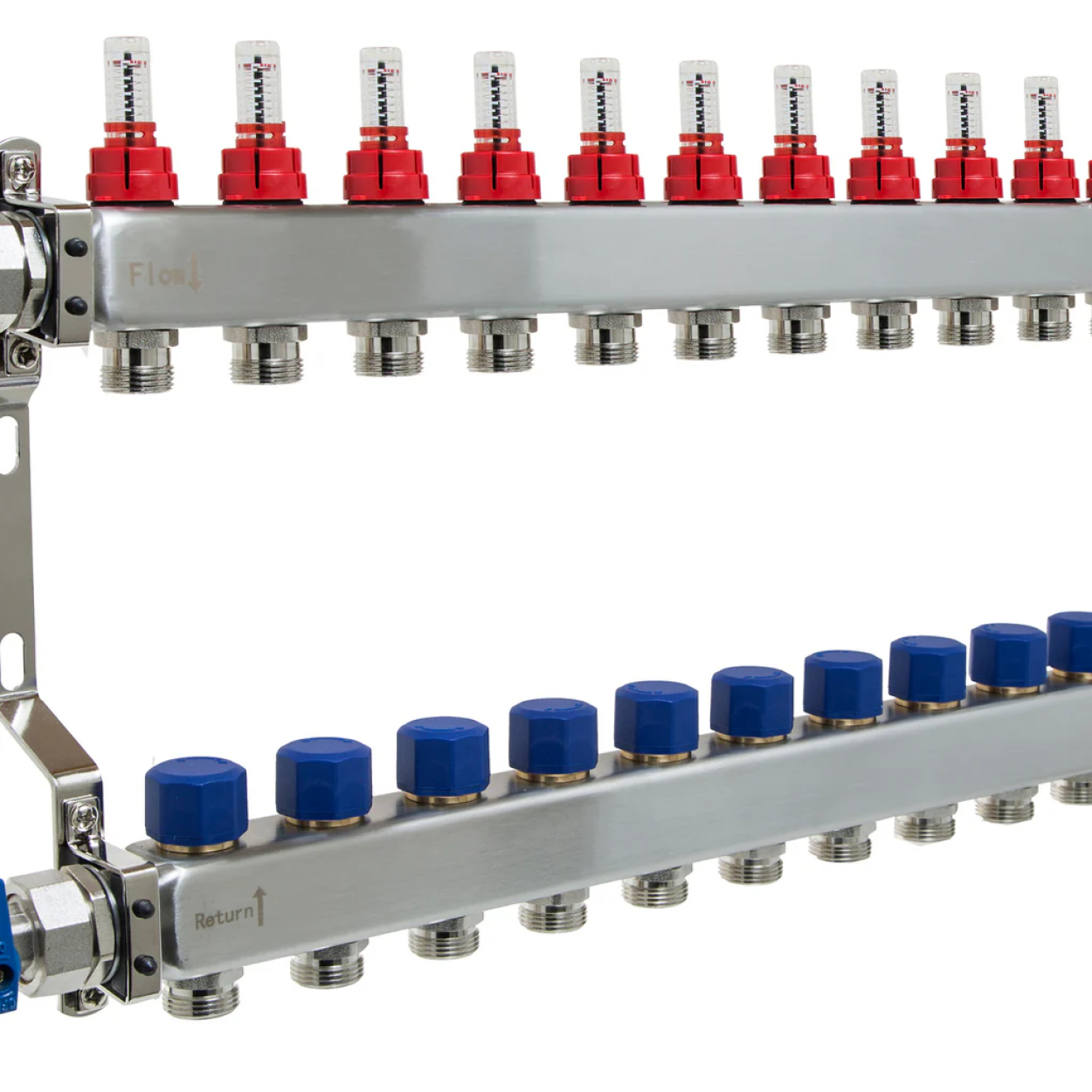 Distribuitor pardoseala Calidum Floor Distribuitor cu debitmetre, inox, 1” ieșiri 3/4” Eurocon – 14 căi echipat cu suporti, Calidum Floor