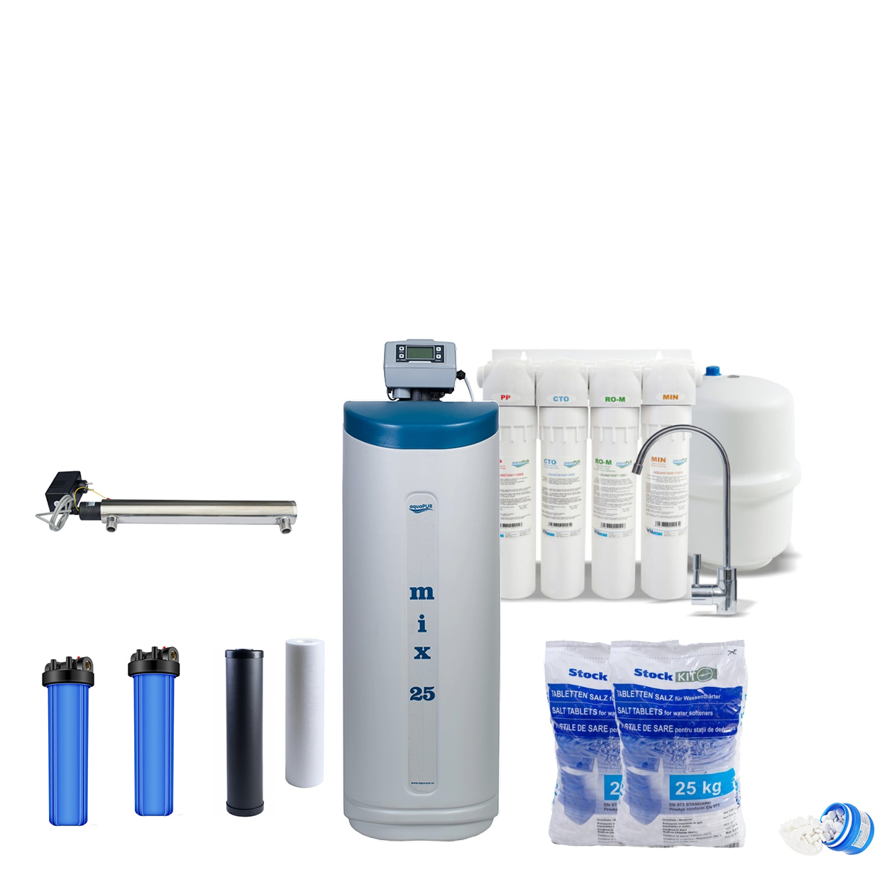 Kit filtrare si tratare apa Pachet Aquapur soluție de filtrare și tratare a apei de puț, tratare calcar, fier mangan, microbiologic si osmoza inversa