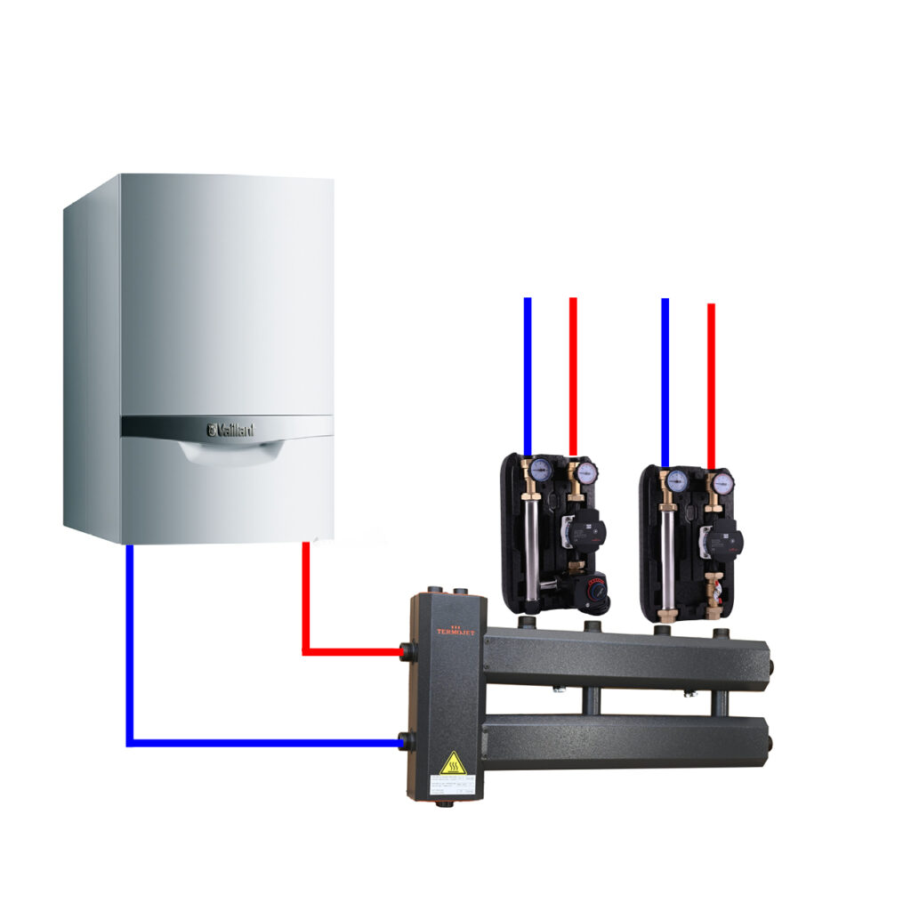 Distribuitor cu separator hidraulic integrat, racord 1"-1" Termojet 2+1 (ieșiri în sus)
