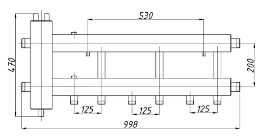 Distribuitor cu separator hidraulic integrat, racord 1"1/4-1" Termojet 3+1 (ieșiri în jos)