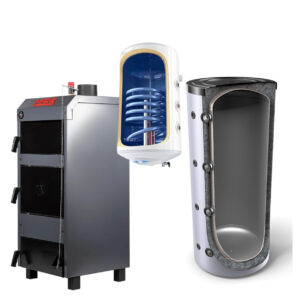 Pachet cazan pe lemne MSS Eco Plus, 30 kW cu puffer Tesy 800 litri si bolier termoelectric 100 litri