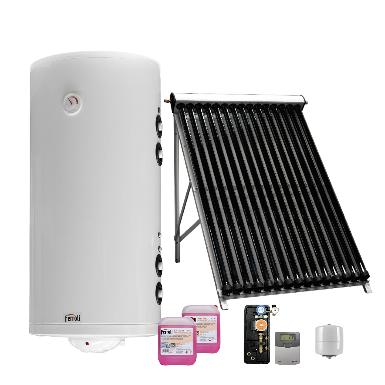 Pachet solar Ferroli cu boiler Kit panouri solare apa calda 2-3 persoane, Ferroli Ecotube New 15 boiler Ecounit DW 150 litri, control Wi-Fi