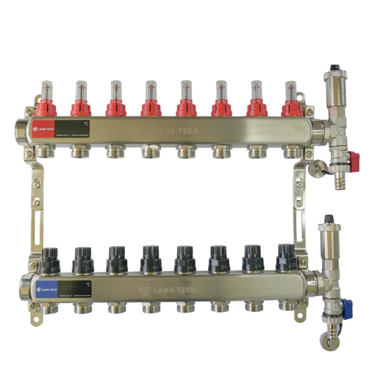 Distribuitor cu debitmetre Land-Tech Distribuitor cu debitmetre, inox, cu izolatie anticondens, 1” ieșiri 3/4” Eurocon – echipat cu suporti si element capat