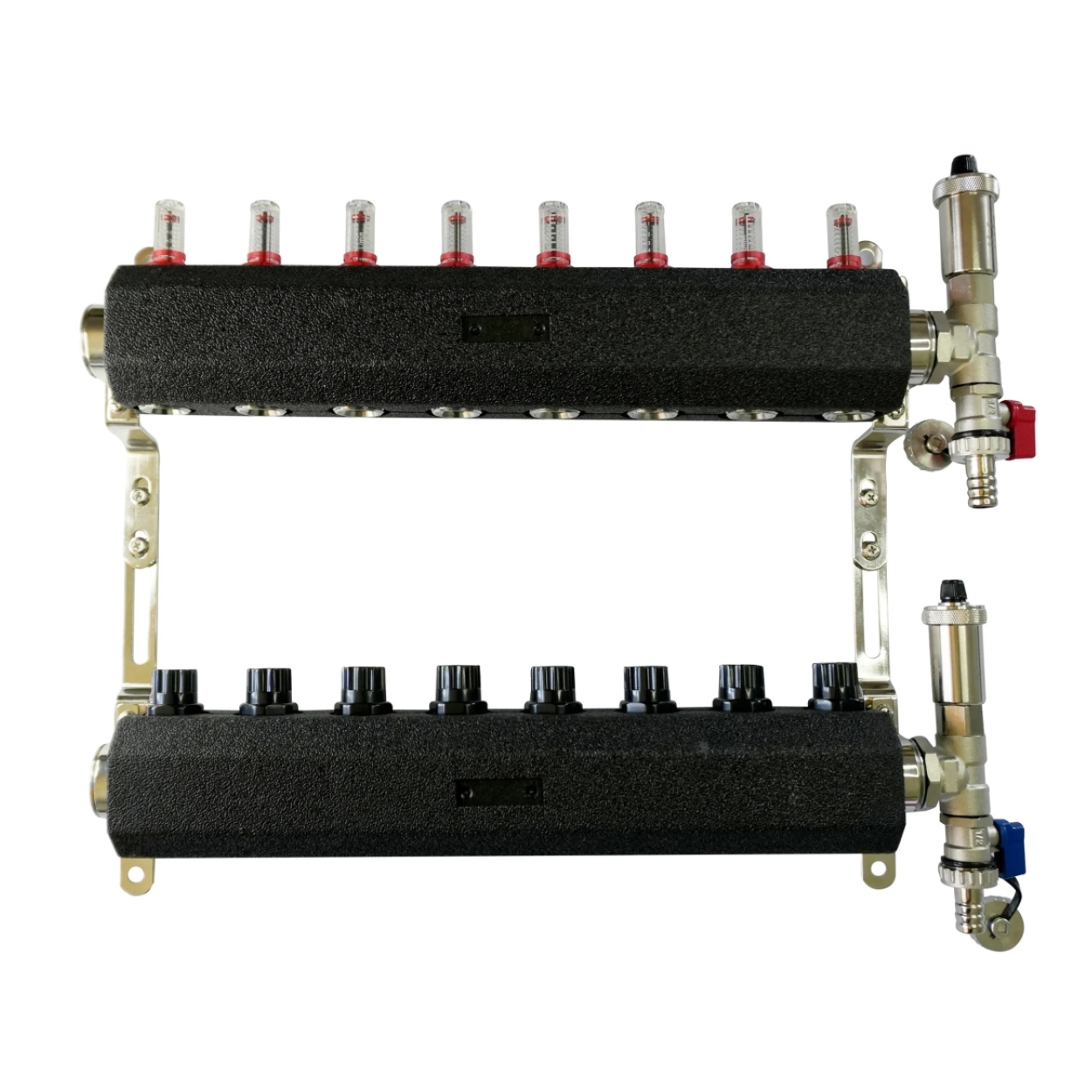 Distribuitor pardoseala cu izolatie si debitmetre Distribuitor cu debitmetre, inox, cu izolatie anticondens, 1” ieșiri 3/4” Eurocon – echipat cu suporti si element capat