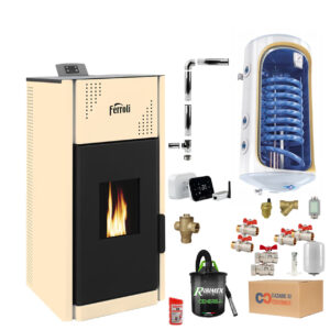 Pachet termosemineu peleti, Ferroli Mirano Pellet Pro 24, boiler 100 litri si accesorii montaj, control Wi-Fi