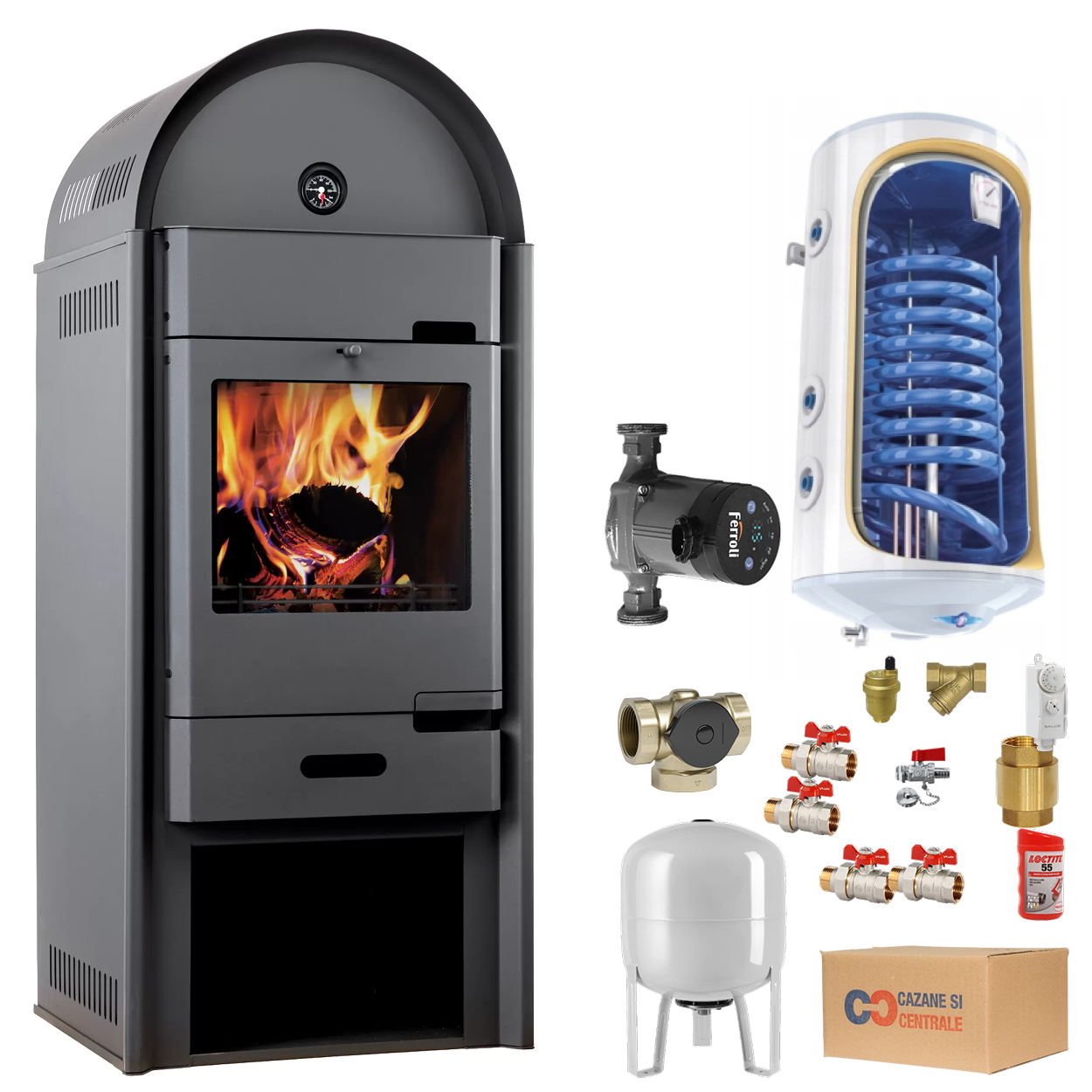 MSS AqUA Termosemineu pe lemne, brichete MSS Aqua Plus 25 kW cu boiler 100 litri si accesorii
