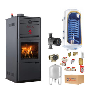 Termosemineu pe lemne, brichete MSS Aqua Premium 30 kW cu boiler 100 litri si accesorii