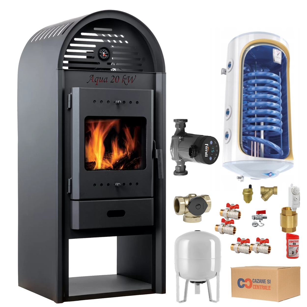 Pachet MSS Aqua Termosemineu pe lemne, brichete MSS Aqua Plus 20 kW cu boiler 100 litri si accesorii